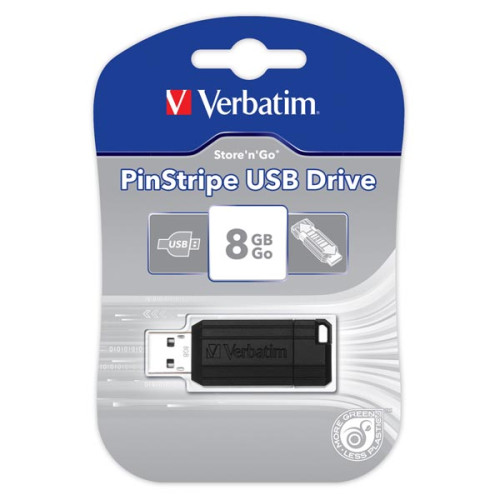 Verbatim USB flash disk, USB 2.0, 8GB, PinStripe, Store N Go, čierny, 49062, USB A, s výsuvným konektorom