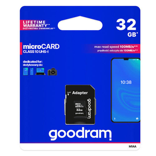 Goodram pamäťová karta Micro Secure Digital Card, 32GB, micro SDHC, M1AA-0320R12, UHS-I U1 (Class 10), s adaptérom